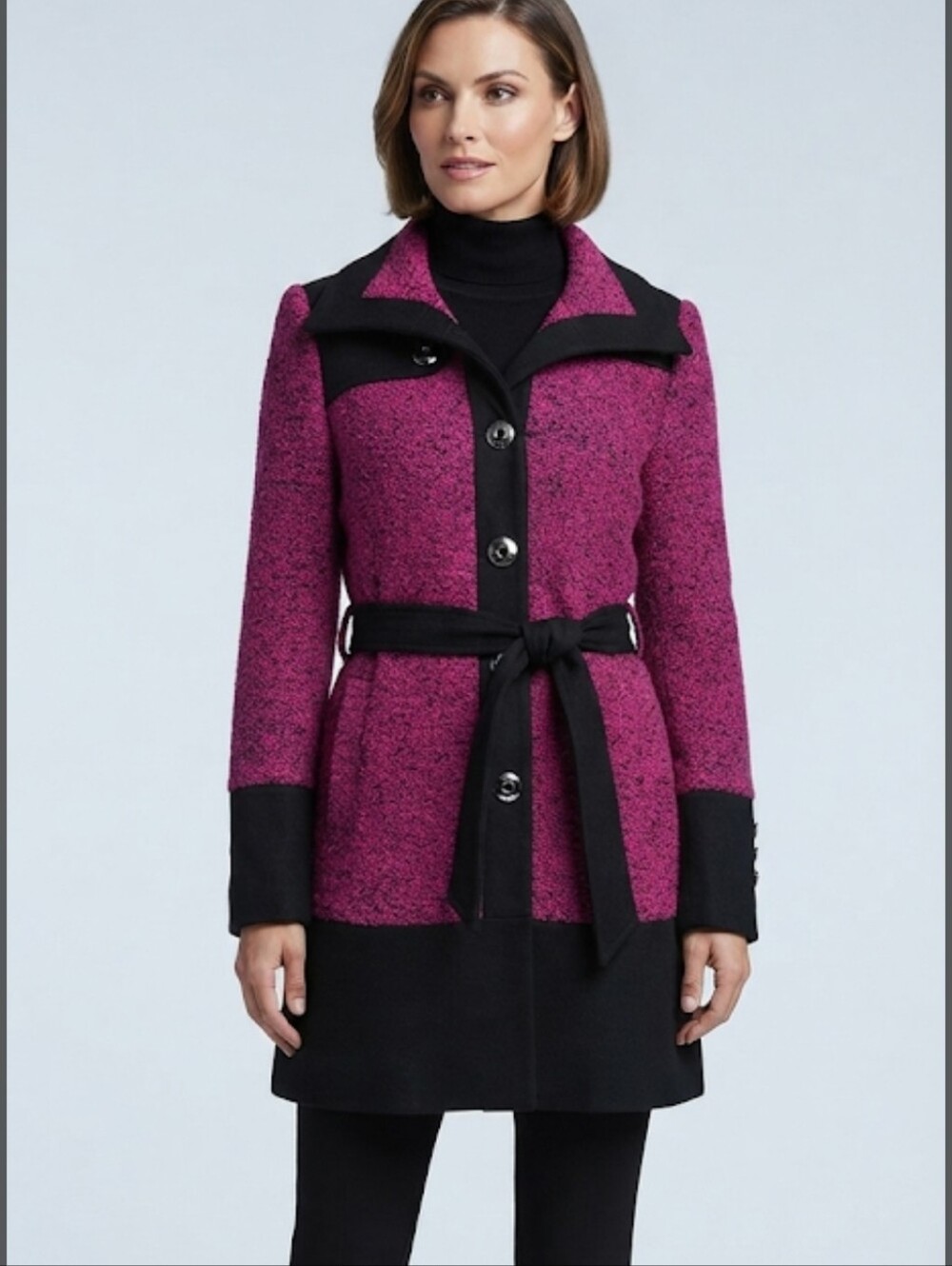 Wilson's Leather Black Rivet Magenta & Black Boucle Fully Lined A-Line Coat  XL